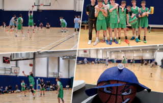 Jugend-Basketballmannschaft der U16 Junior Miners in einer vierteiligen Collage mit Spielszenen, Teamfoto und kreativ gestaltetem Basketball-Maskottchen in der Sporthalle beim Final Four der Jugendoberliga.