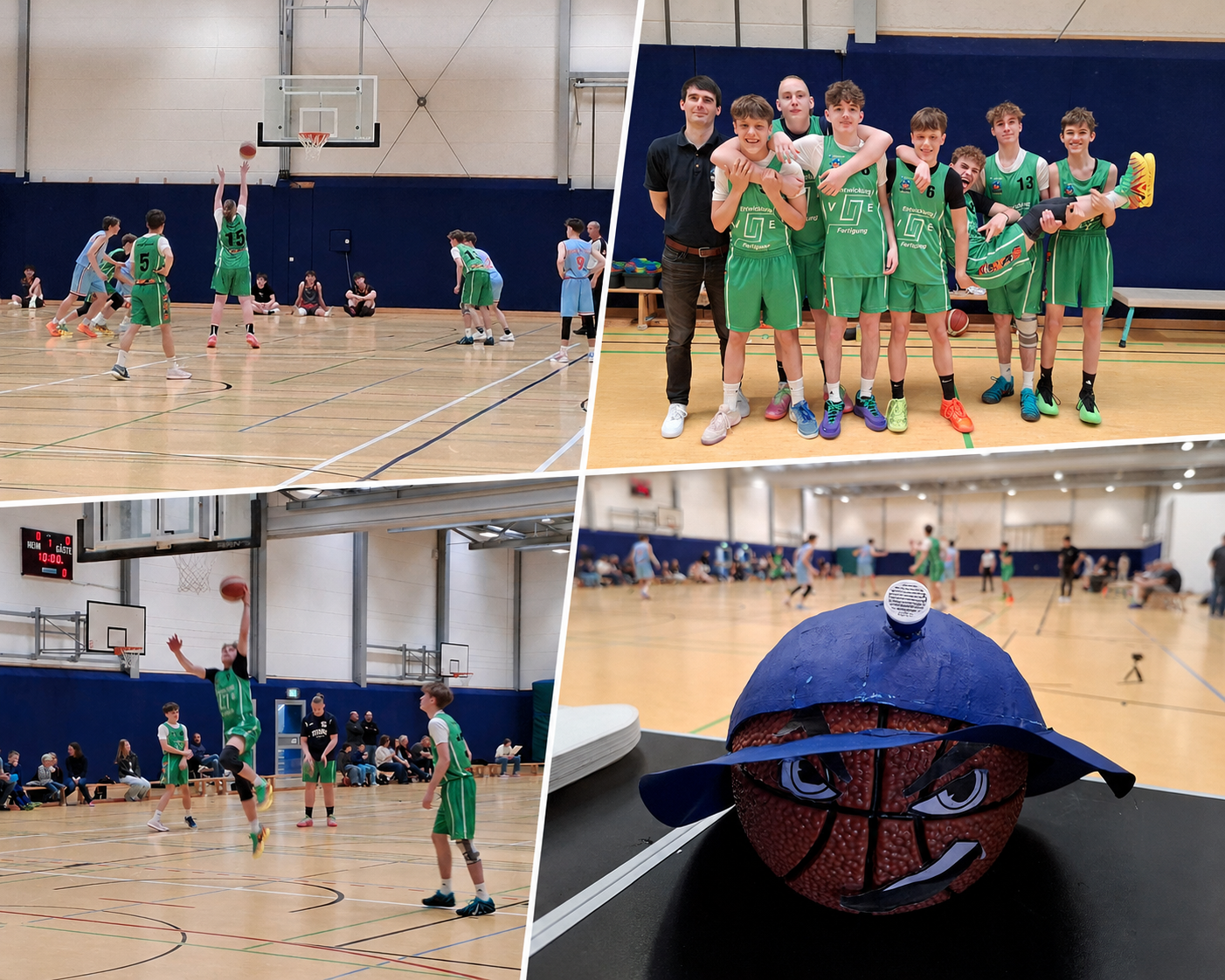 u16-junior-miners Jugend-Basketballmannschaft der U16 Junior Miners in einer vierteiligen Collage mit Spielszenen, Teamfoto und kreativ gestaltetem Basketball-Maskottchen in der Sporthalle beim Final Four der Jugendoberliga.
